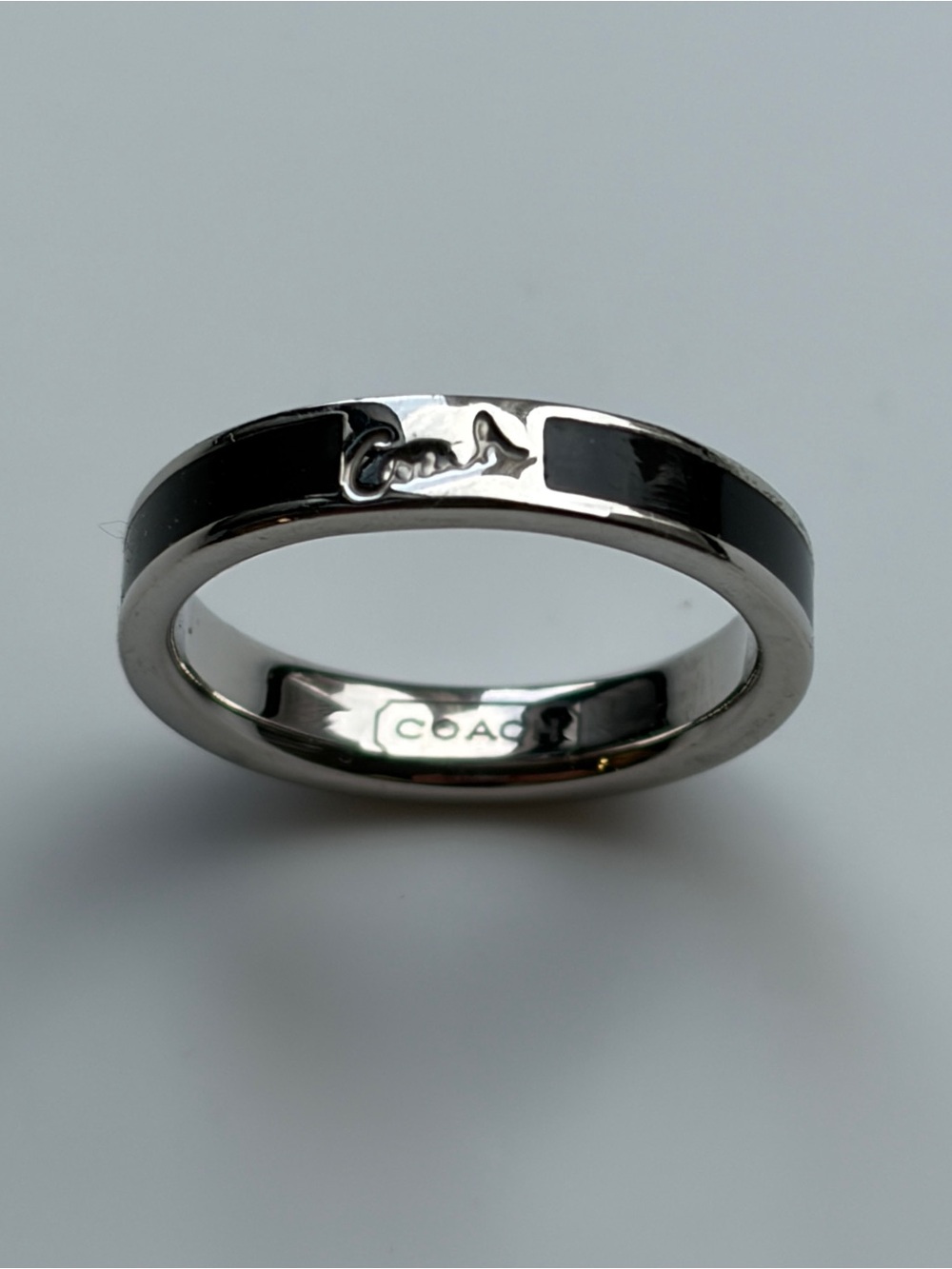 Like New Coach Silver Tone Ring with Black Enamel Inlay